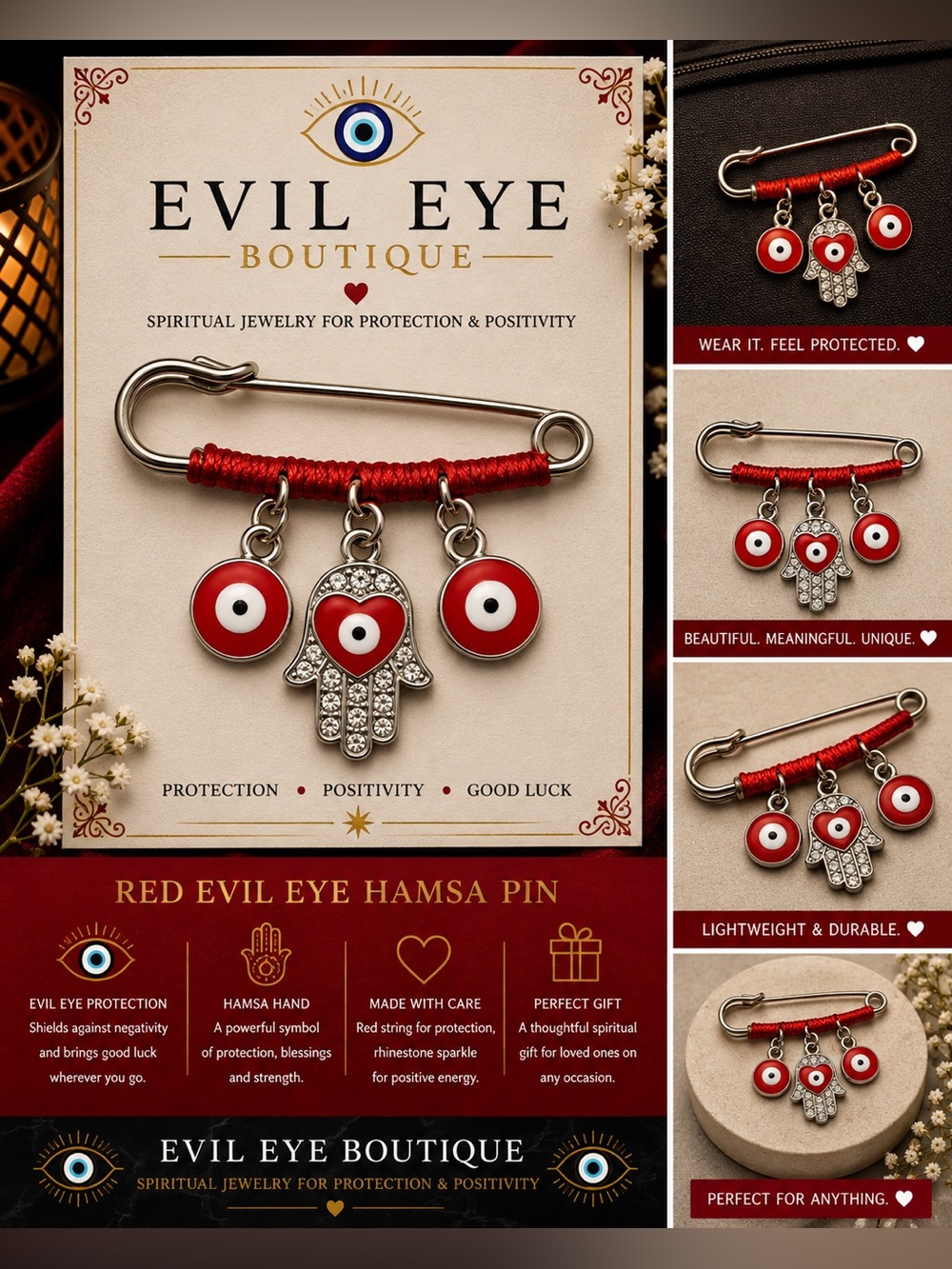 🪬❤️Red Hamsa Pin - Red Evil Eye Pregnancy Protection Brooch🪬🧿